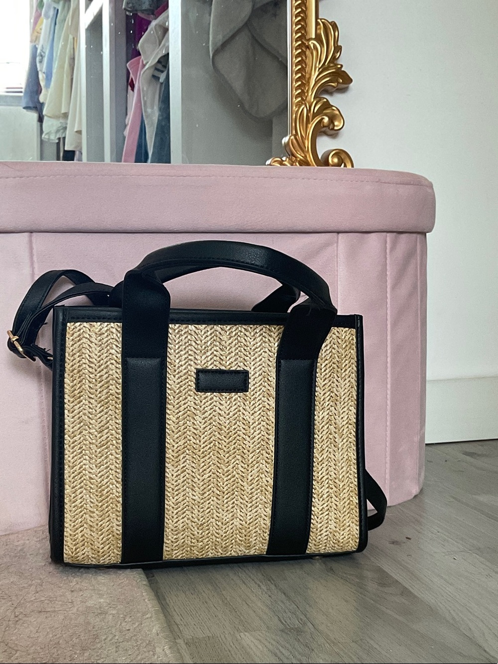 Woven Straw Tote with Black Trim